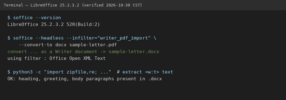 Terminal showing soffice version and convert-to docx with writer_pdf_import