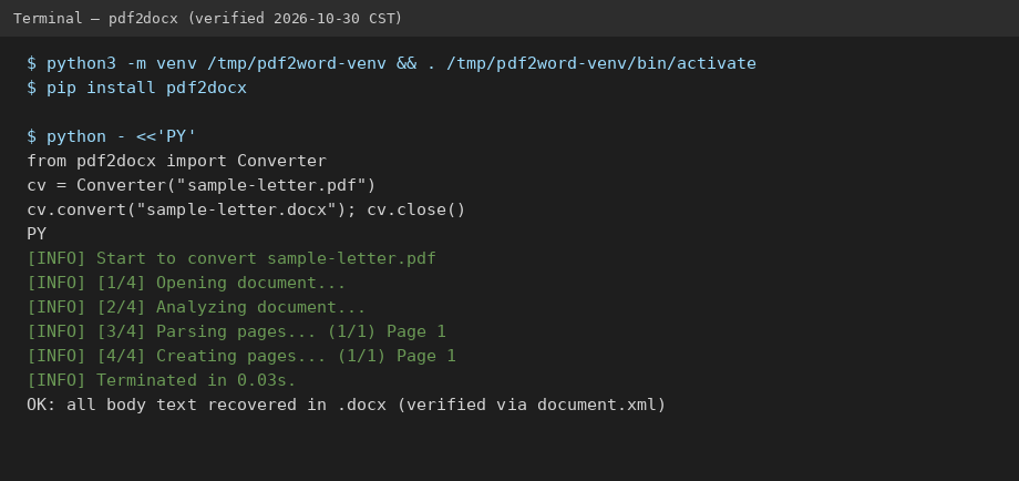 Terminal showing venv, pip install pdf2docx, and conversion run
