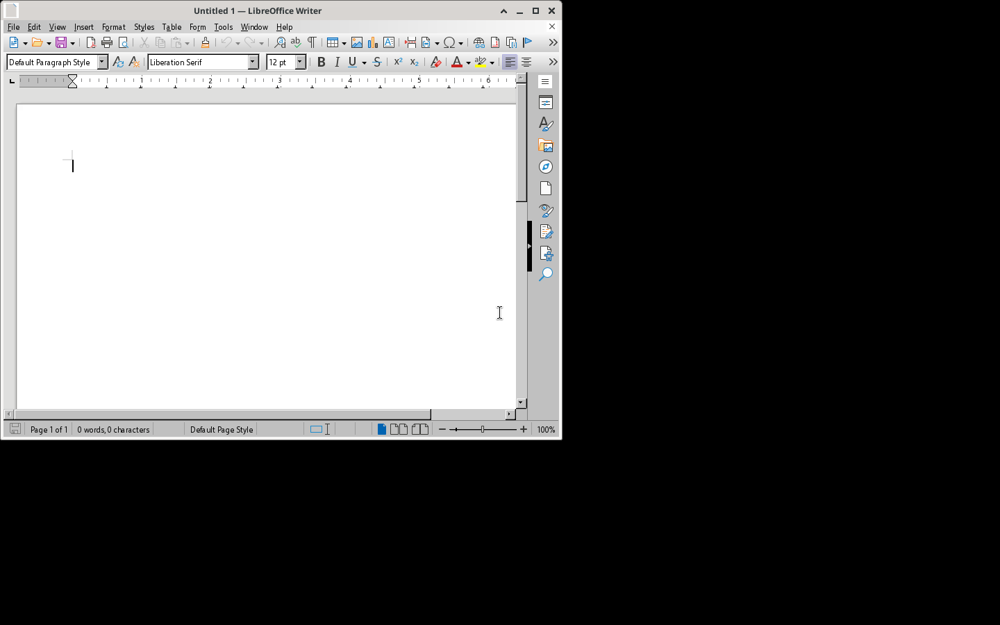 LibreOffice Writer empty window with the standard File menu