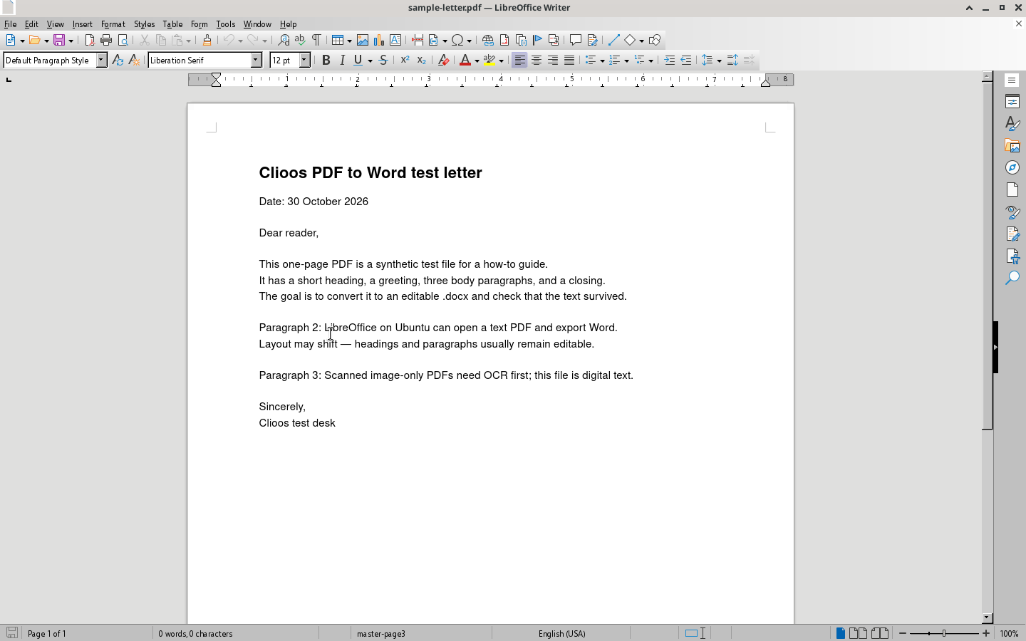 PDF open in LibreOffice Writer with selectable text on the page