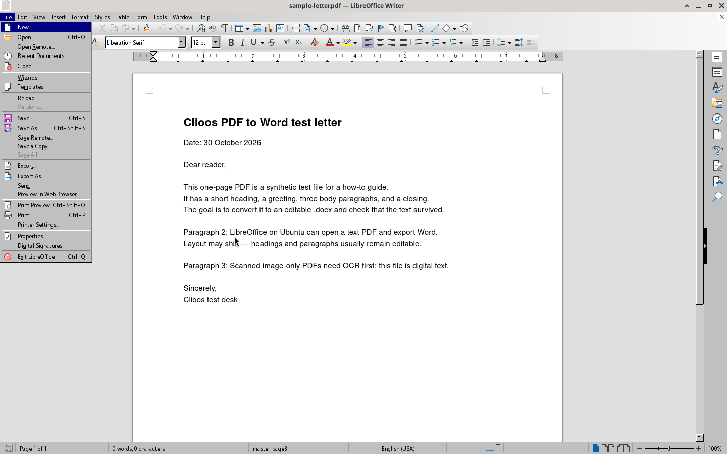 LibreOffice Writer File menu with Save As highlighted