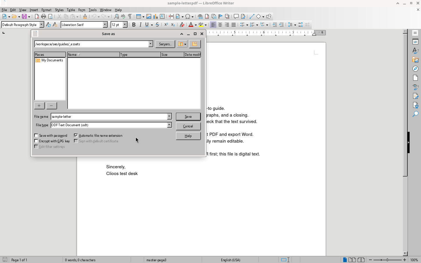Save as dialog defaulting to ODF Text Document before choosing Word