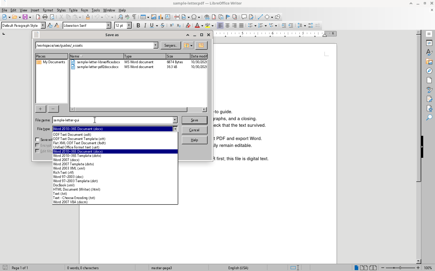 Save as dialog with Word 2010-365 Document docx file type selected