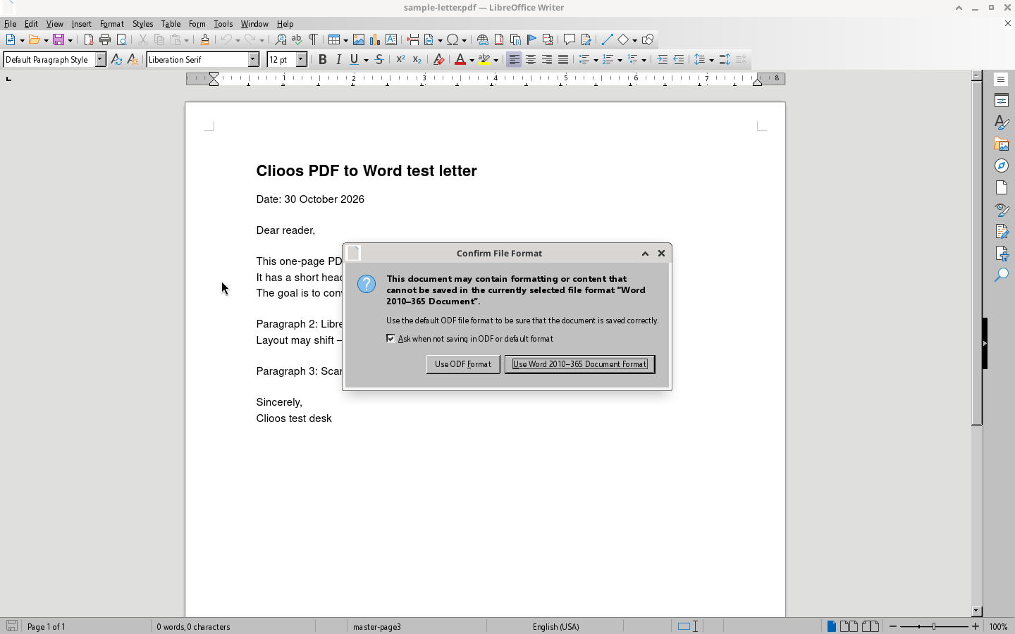 Confirm File Format dialog offering ODF or Word 2010-365 Document Format