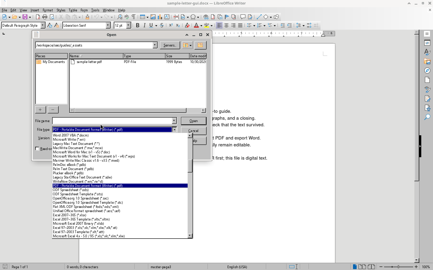 Open dialog with File type set to PDF Portable Document Format Writer