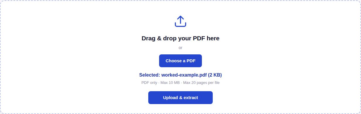 PDF Probe upload area with the worked-example statement PDF selected